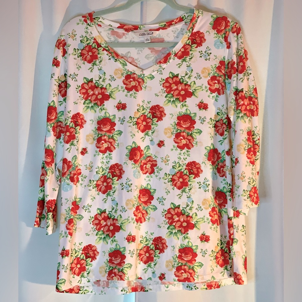 The Pioneer Woman Floral V-Neck Top Red Orange Roses 3/4 Sleeve White Large